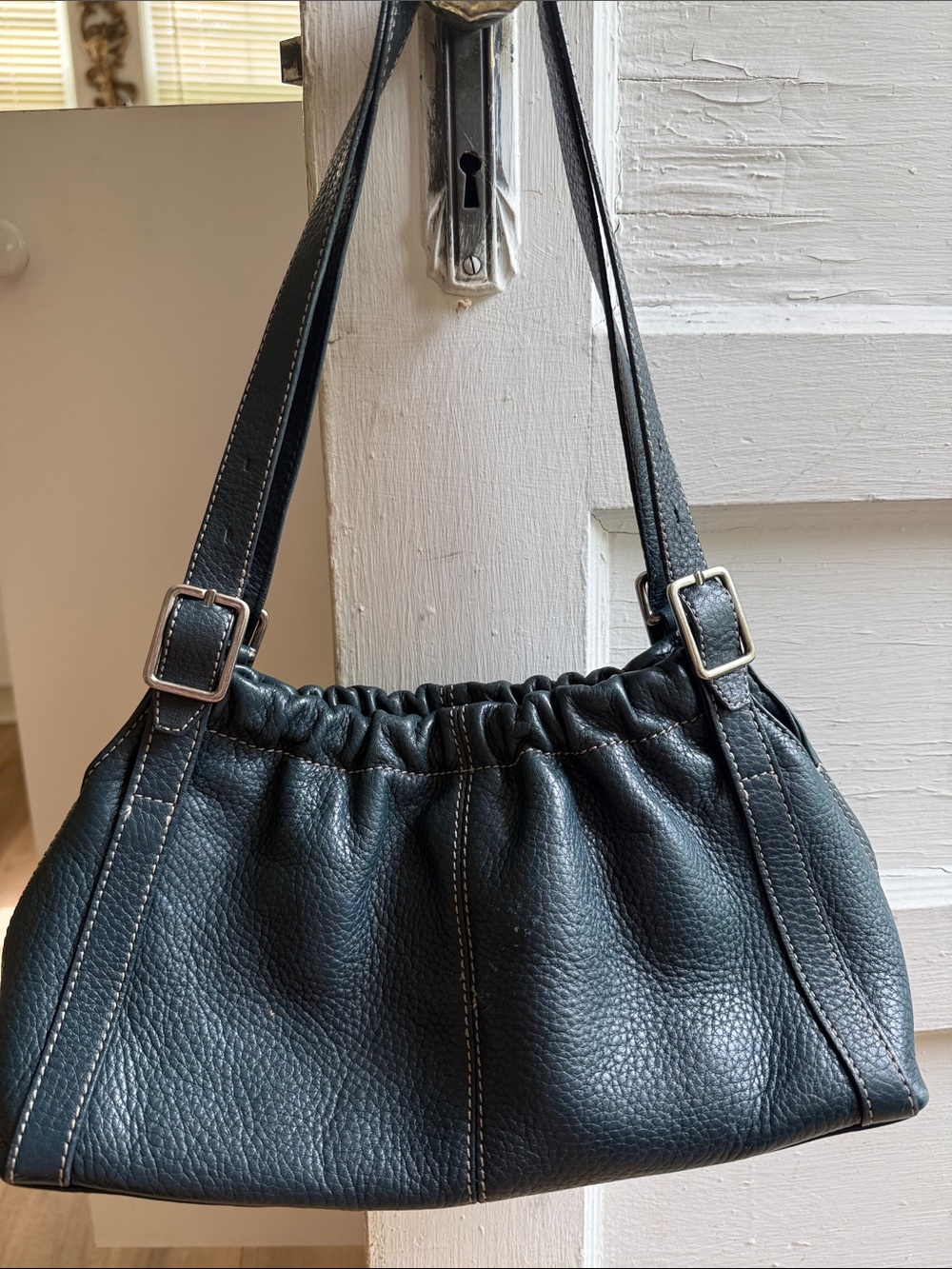 Fossil Navy Pebbled Leather Shoulder Bag with Silver Buckles